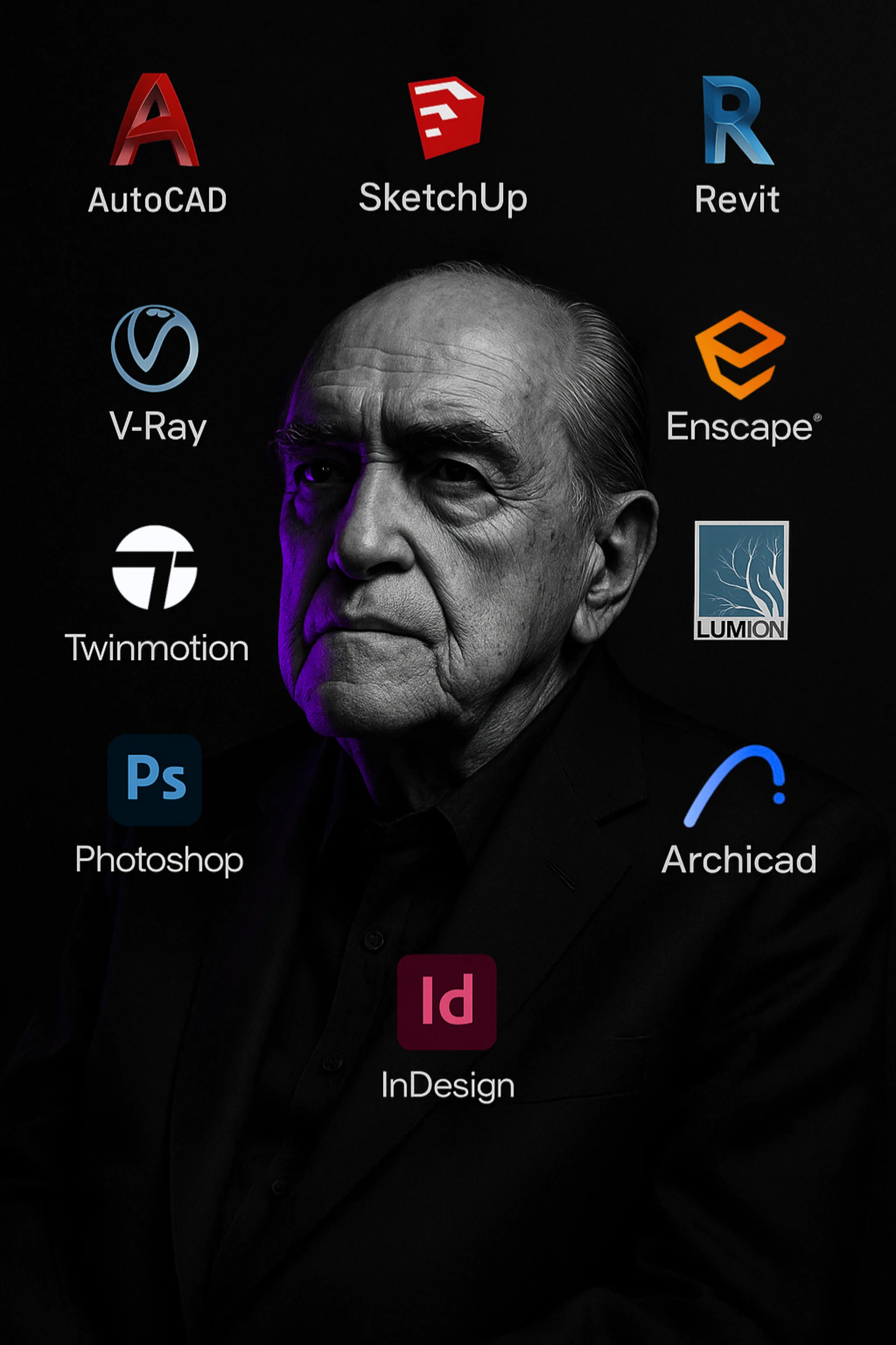 Oscar Niemeyer com logos de softwares de arquitetura